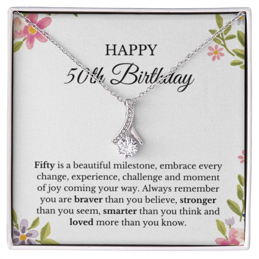 50th Birthday Necklace, Birthday Ribbon Necklace, Birthday Gifts For Woman, Birthday Card, Pendant Necklace