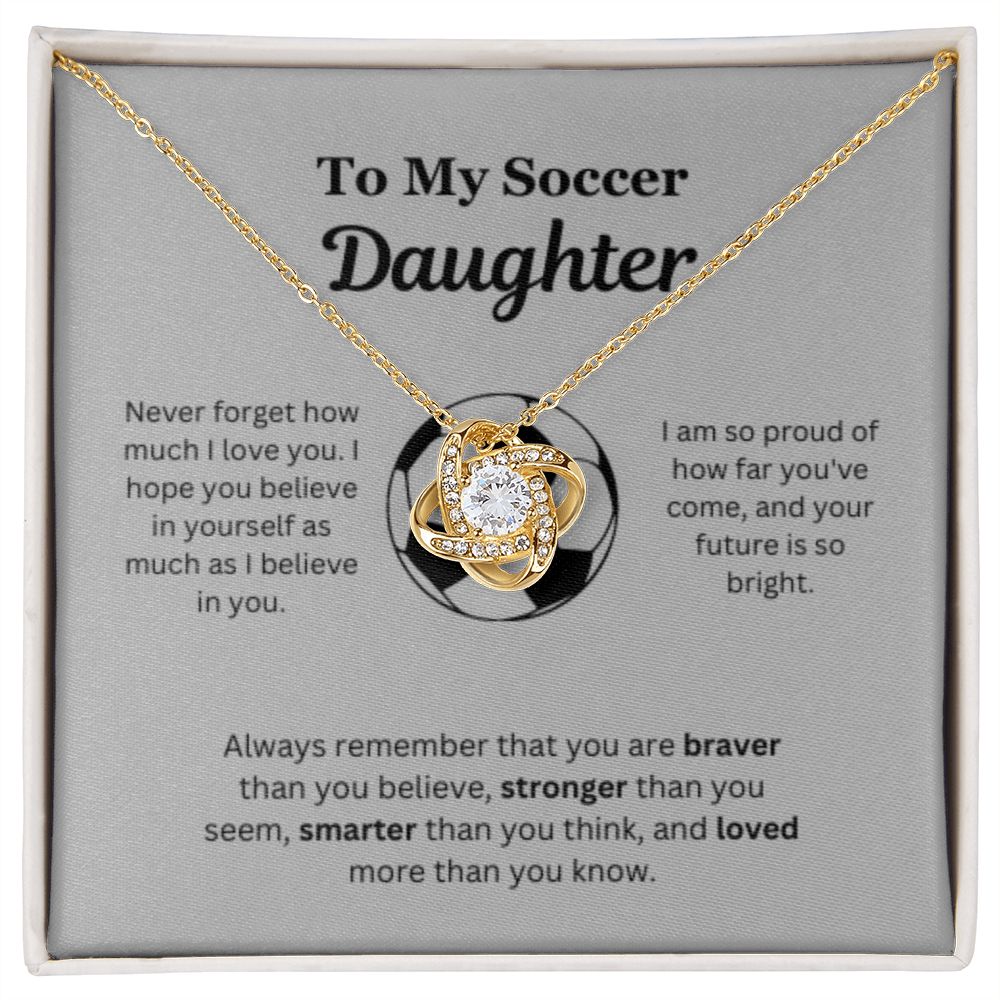 To My Soccer Daughter Necklace, Father-Daughter Jewelry, Mother-Daughter Gift, Birthday Heart Pendant, Gold Love Knot, Message Card