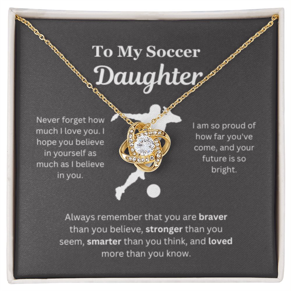 To My Soccer Daughter Necklace, Father-Daughter Jewelry, Mother-Daughter Gift, Birthday Heart Pendant, Gold Love Knot, Message Card