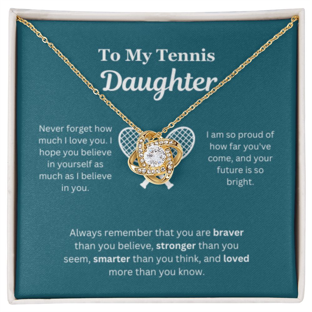 To My Tennis Daughter Necklace, Father-Daughter Jewelry, Mother-Daughter Gift, Birthday Heart Pendant, Gold Love Knot, Message Card