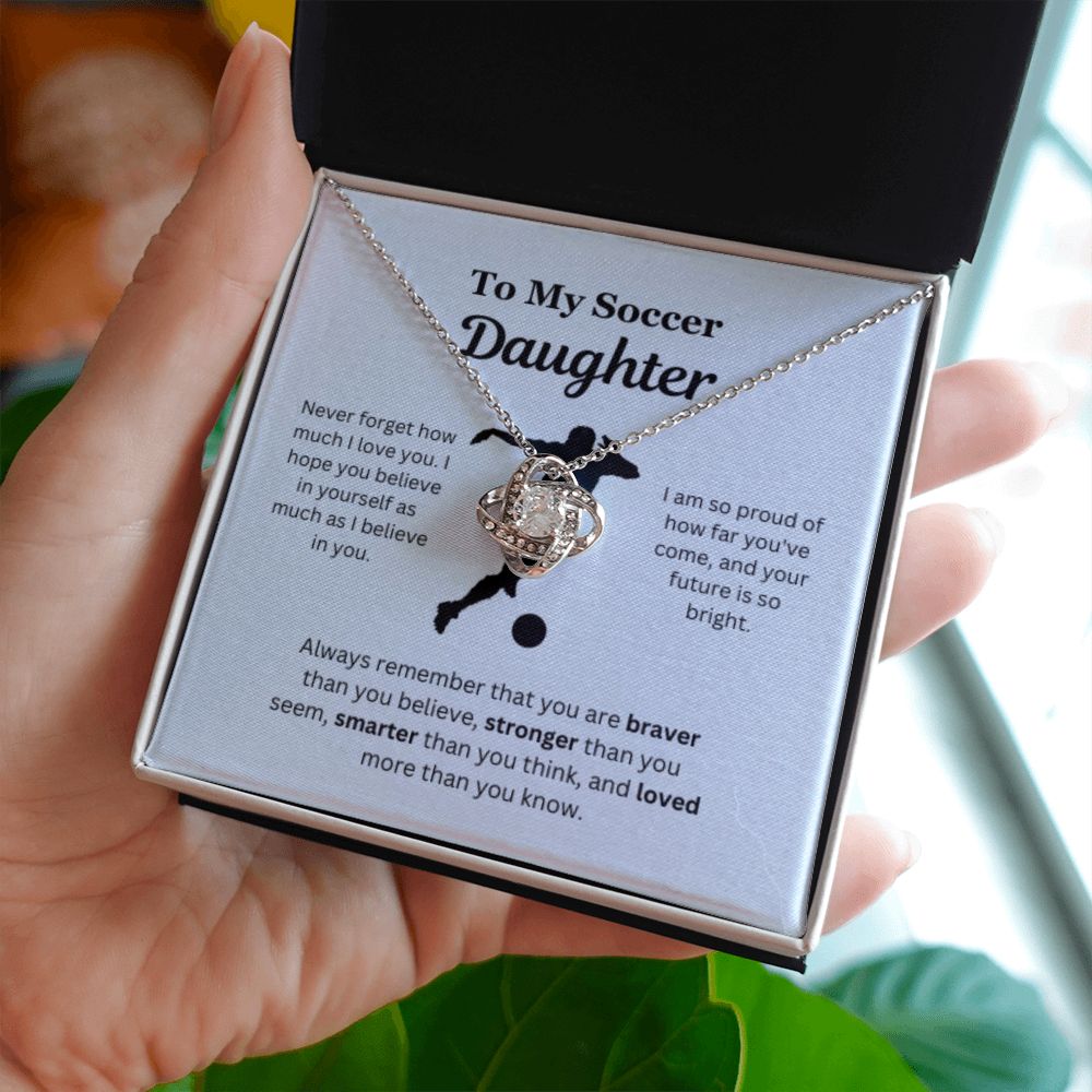 To My Soccer Daughter Necklace, Father-Daughter Jewelry, Mother-Daughter Gift, Birthday Heart Pendant, Gold Love Knot, Message Card