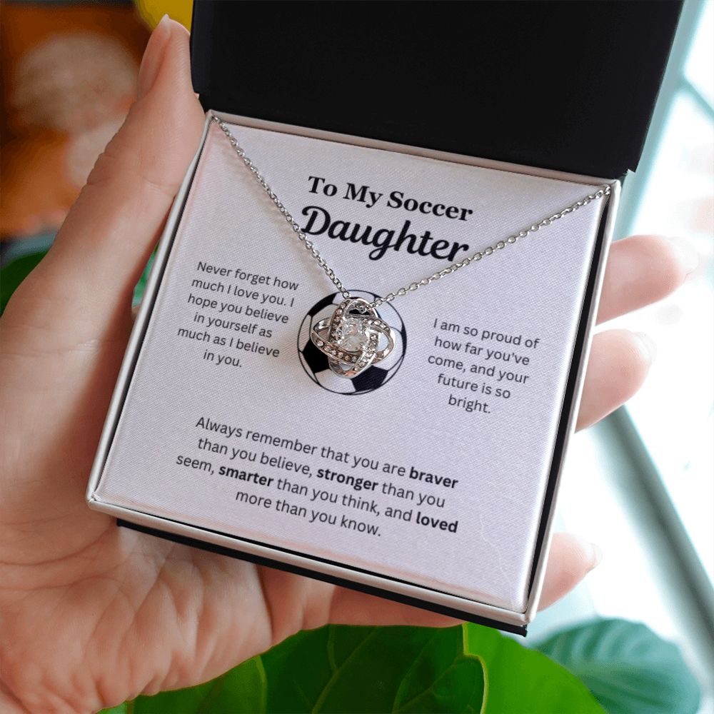 To My Soccer Daughter Necklace, Father-Daughter Jewelry, Mother-Daughter Gift, Birthday Heart Pendant, Gold Love Knot, Message Card