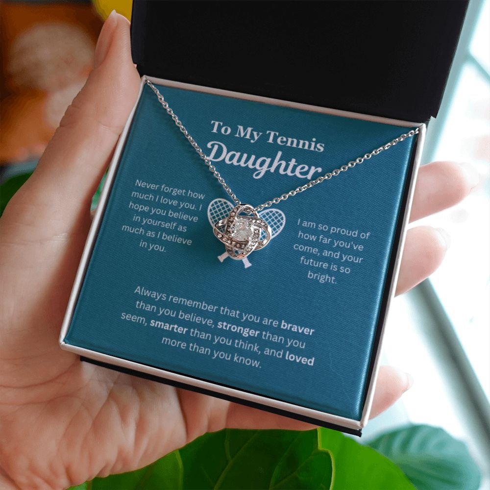 To My Tennis Daughter Necklace, Father-Daughter Jewelry, Mother-Daughter Gift, Birthday Heart Pendant, Gold Love Knot, Message Card