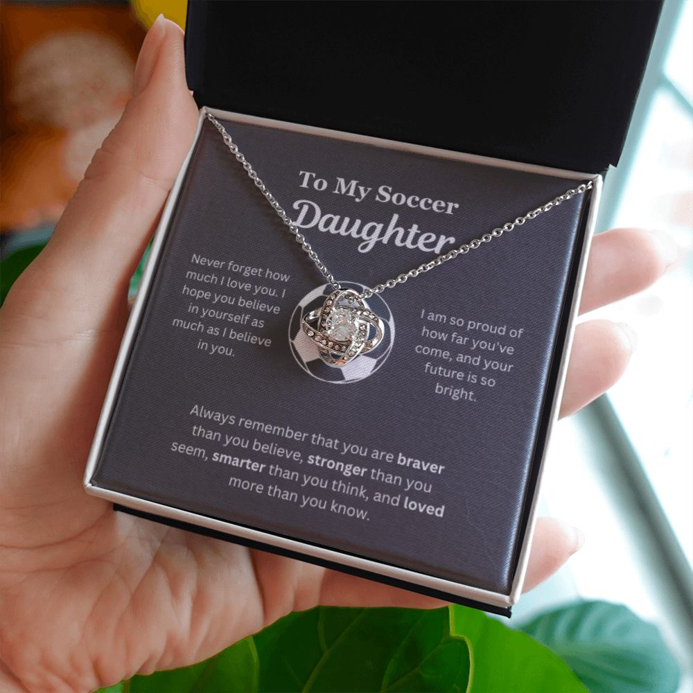 To My Soccer Daughter Necklace, Father-Daughter Jewelry, Mother-Daughter Gift, Birthday Heart Pendant, Gold Love Knot, Message Card