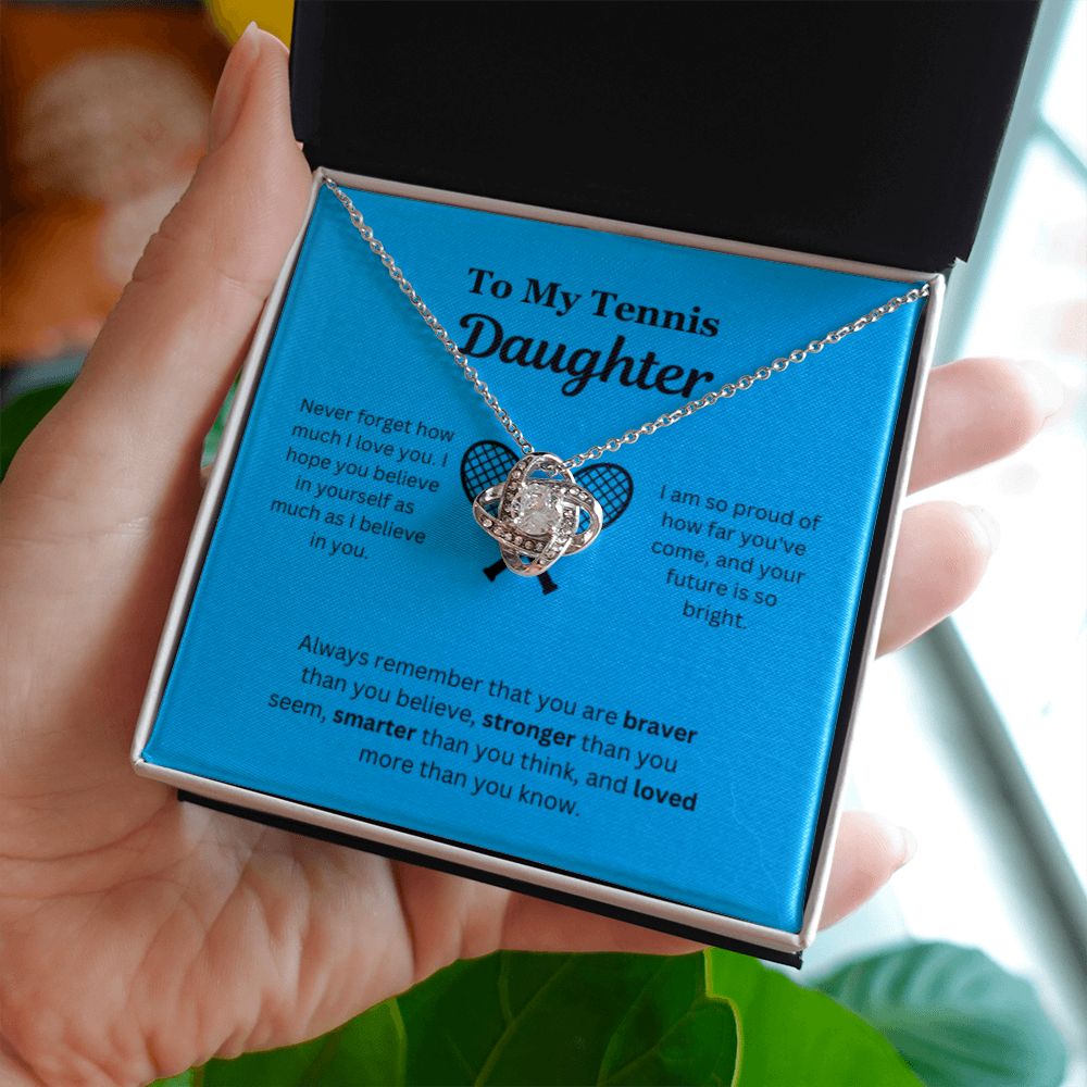 To My Tennis Daughter Necklace, Father-Daughter Jewelry, Mother-Daughter Gift, Birthday Heart Pendant, Gold Love Knot, Message Card