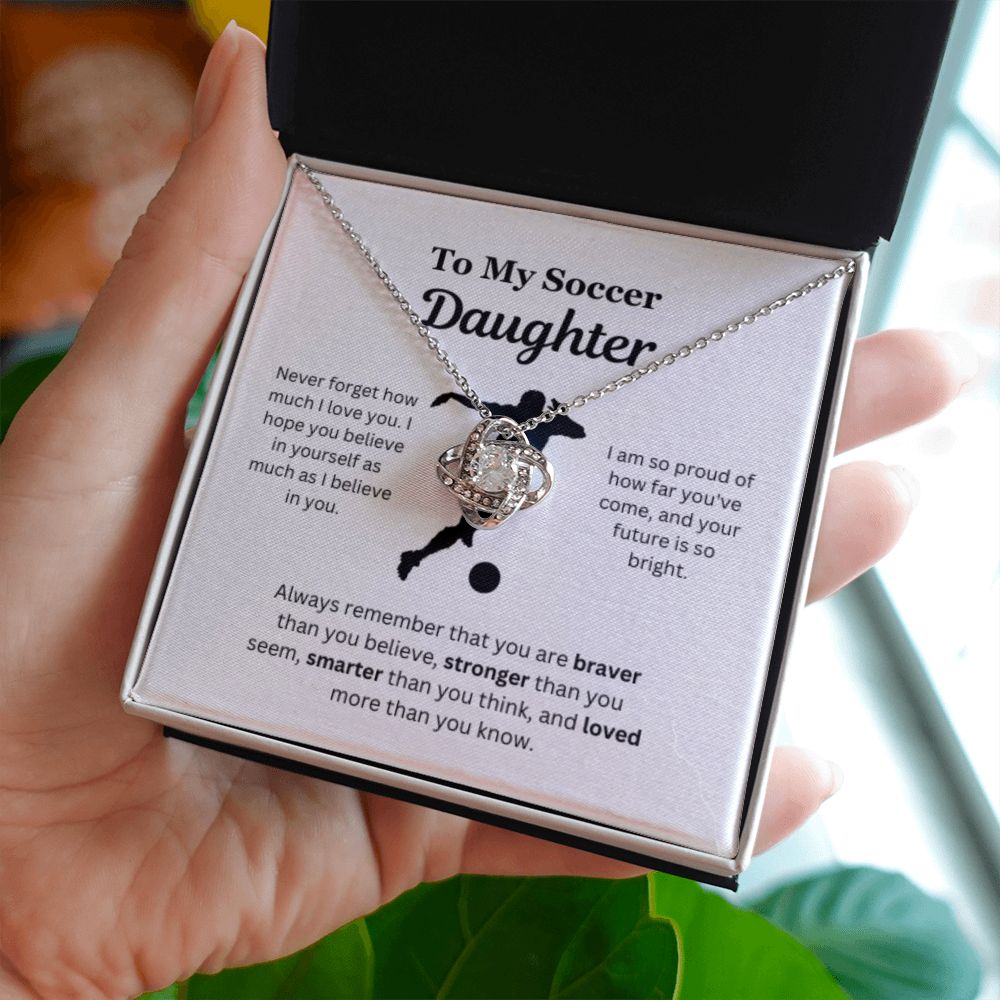 To My Soccer Daughter Necklace, Father-Daughter Jewelry, Mother-Daughter Gift, Birthday Heart Pendant, Gold Love Knot, Message Card