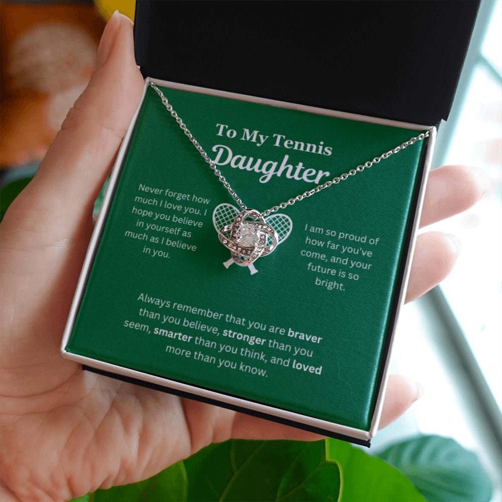 To My Tennis Daughter Necklace, Father-Daughter Jewelry, Mother-Daughter Gift, Birthday Heart Pendant, Gold Love Knot, Message Card