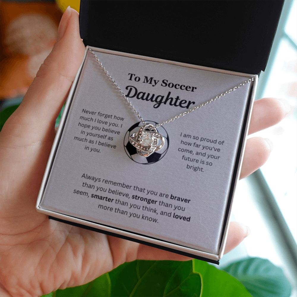 To My Soccer Daughter Necklace, Father-Daughter Jewelry, Mother-Daughter Gift, Birthday Heart Pendant, Gold Love Knot, Message Card