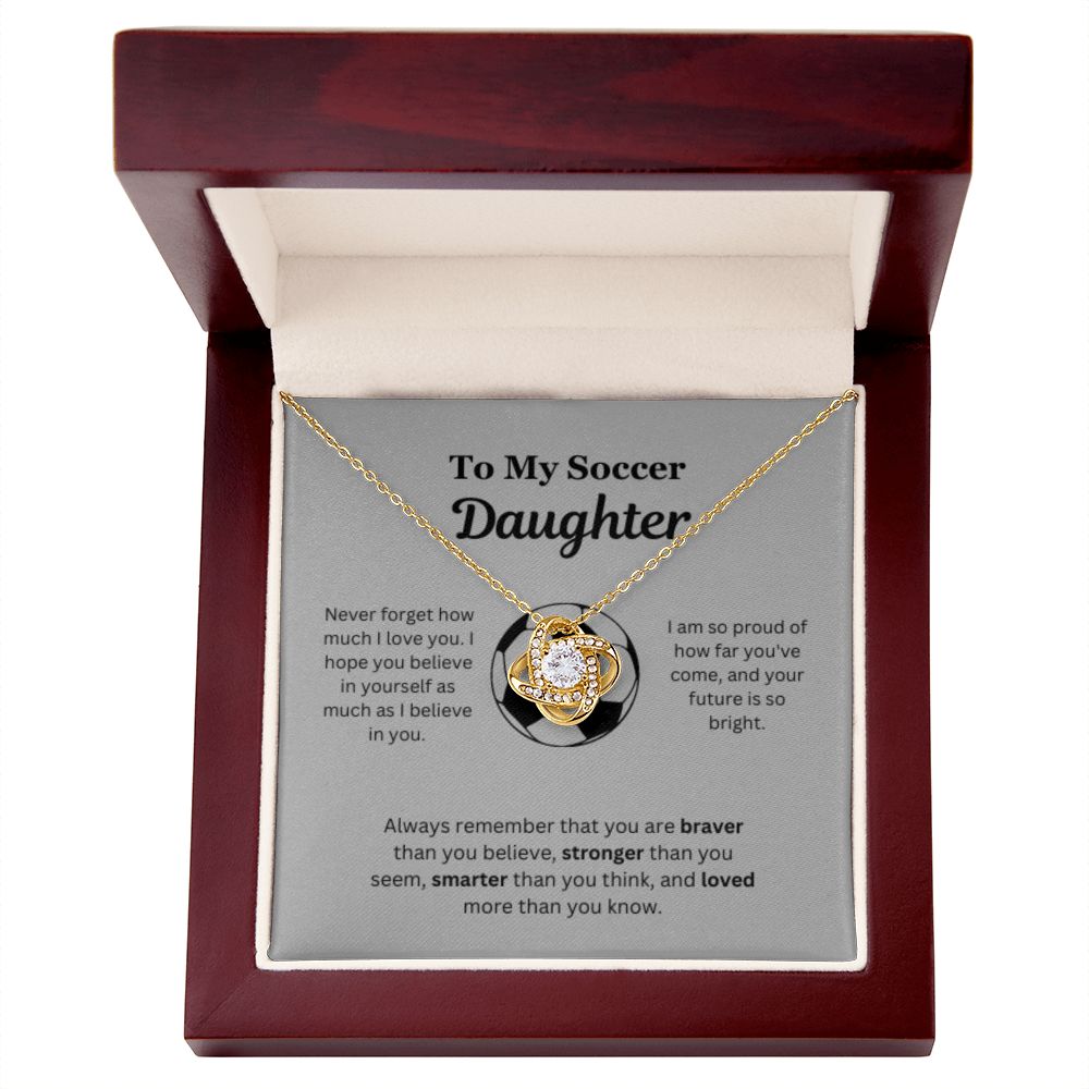 To My Soccer Daughter Necklace, Father-Daughter Jewelry, Mother-Daughter Gift, Birthday Heart Pendant, Gold Love Knot, Message Card