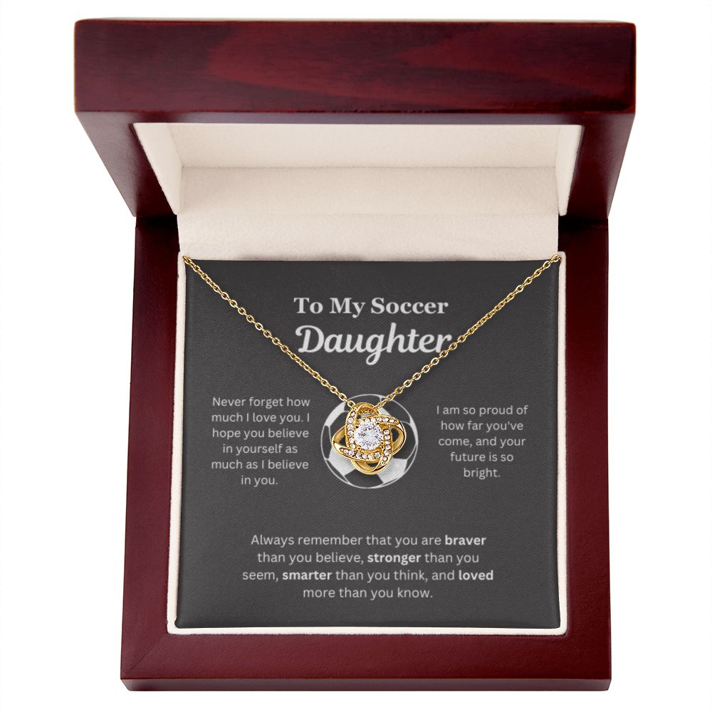 To My Soccer Daughter Necklace, Father-Daughter Jewelry, Mother-Daughter Gift, Birthday Heart Pendant, Gold Love Knot, Message Card