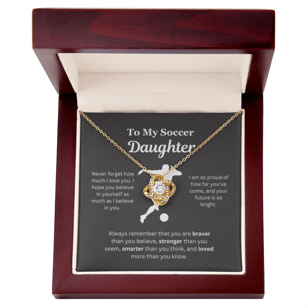 To My Soccer Daughter Necklace, Father-Daughter Jewelry, Mother-Daughter Gift, Birthday Heart Pendant, Gold Love Knot, Message Card