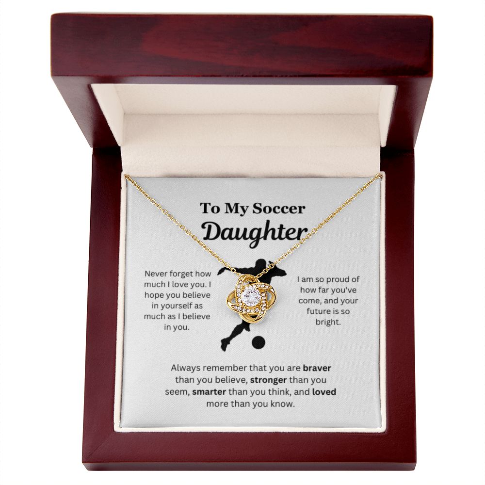 To My Soccer Daughter Necklace, Father-Daughter Jewelry, Mother-Daughter Gift, Birthday Heart Pendant, Gold Love Knot, Message Card