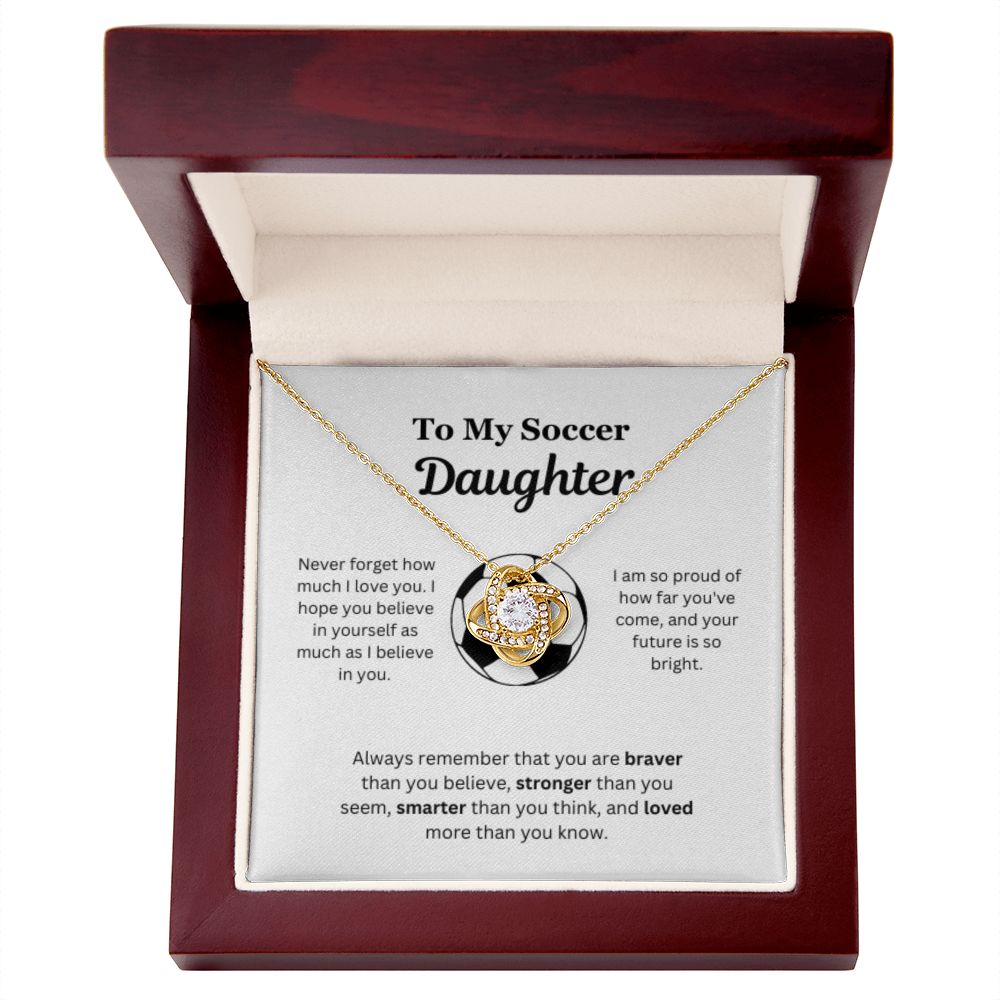 To My Soccer Daughter Necklace, Father-Daughter Jewelry, Mother-Daughter Gift, Birthday Heart Pendant, Gold Love Knot, Message Card