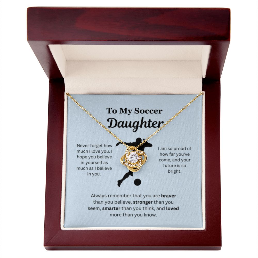 To My Soccer Daughter Necklace, Father-Daughter Jewelry, Mother-Daughter Gift, Birthday Heart Pendant, Gold Love Knot, Message Card