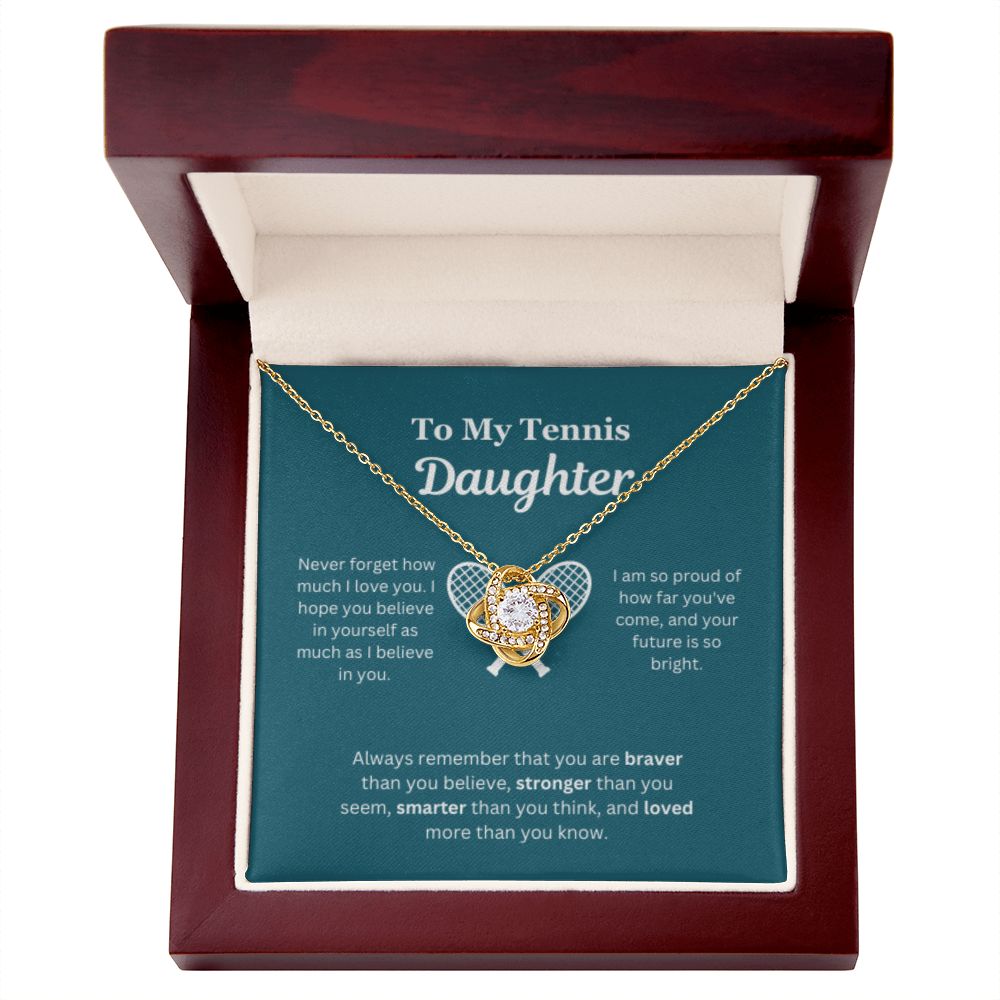 To My Tennis Daughter Necklace, Father-Daughter Jewelry, Mother-Daughter Gift, Birthday Heart Pendant, Gold Love Knot, Message Card