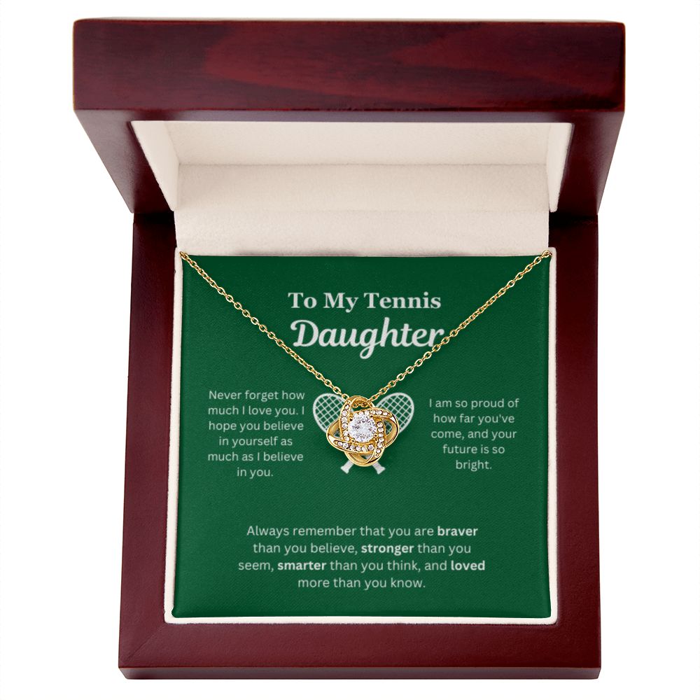 To My Tennis Daughter Necklace, Father-Daughter Jewelry, Mother-Daughter Gift, Birthday Heart Pendant, Gold Love Knot, Message Card