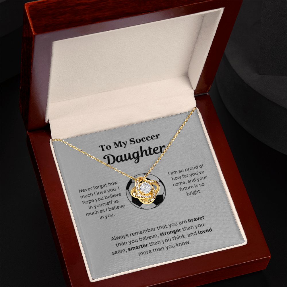 To My Soccer Daughter Necklace, Father-Daughter Jewelry, Mother-Daughter Gift, Birthday Heart Pendant, Gold Love Knot, Message Card