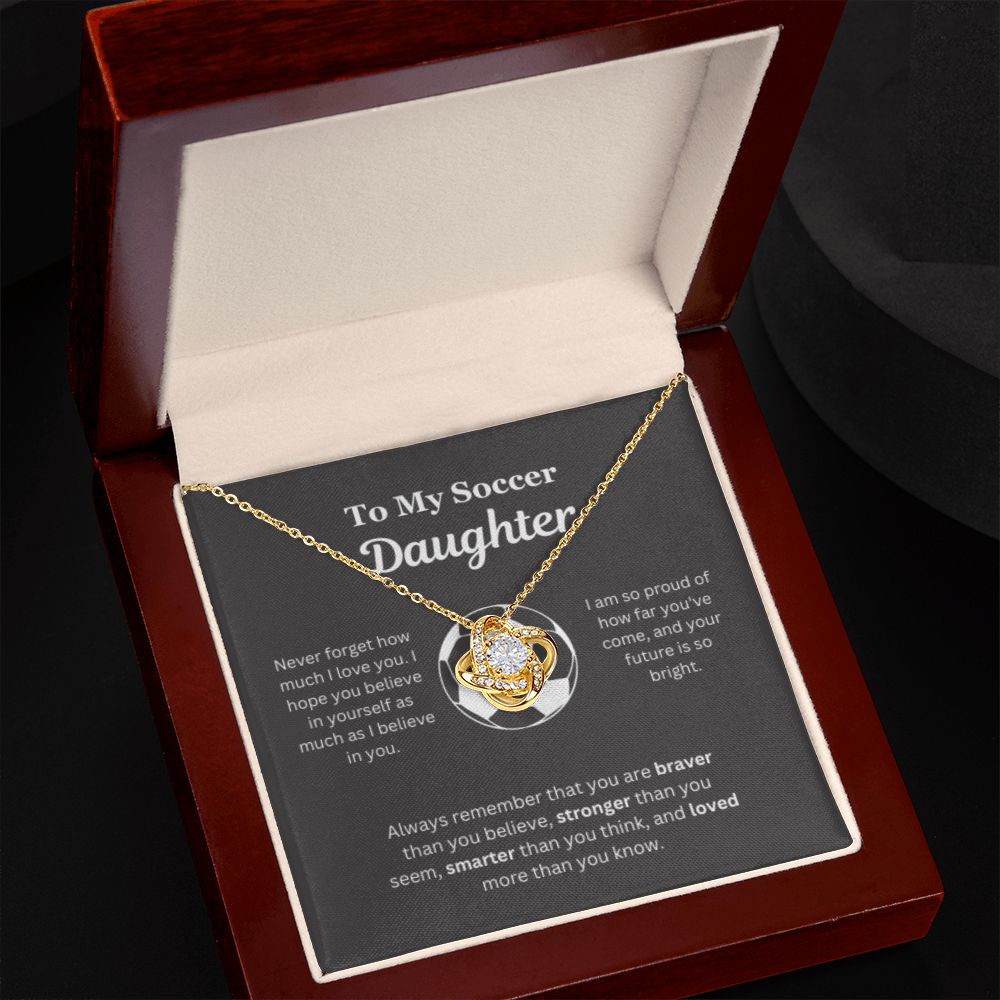 To My Soccer Daughter Necklace, Father-Daughter Jewelry, Mother-Daughter Gift, Birthday Heart Pendant, Gold Love Knot, Message Card