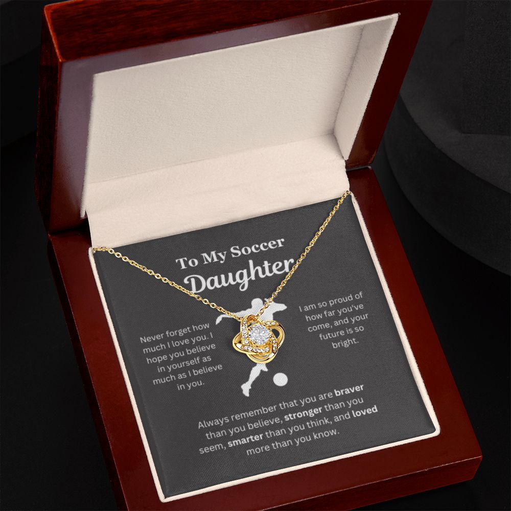 To My Soccer Daughter Necklace, Father-Daughter Jewelry, Mother-Daughter Gift, Birthday Heart Pendant, Gold Love Knot, Message Card