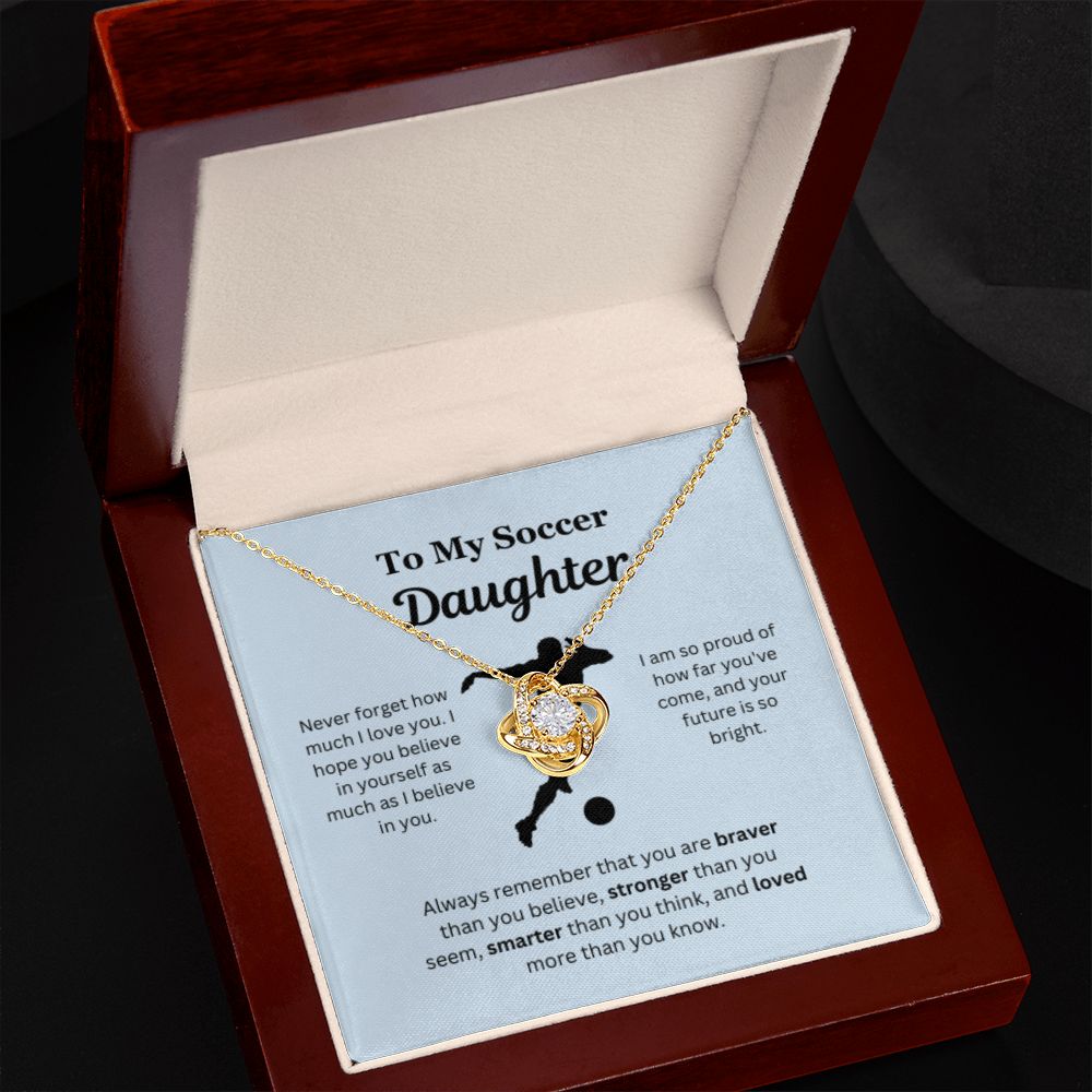 To My Soccer Daughter Necklace, Father-Daughter Jewelry, Mother-Daughter Gift, Birthday Heart Pendant, Gold Love Knot, Message Card