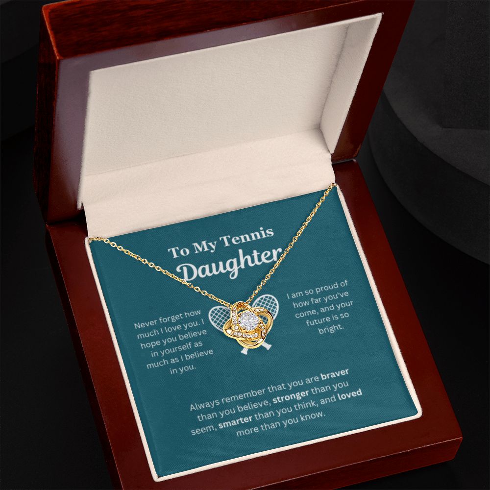 To My Tennis Daughter Necklace, Father-Daughter Jewelry, Mother-Daughter Gift, Birthday Heart Pendant, Gold Love Knot, Message Card