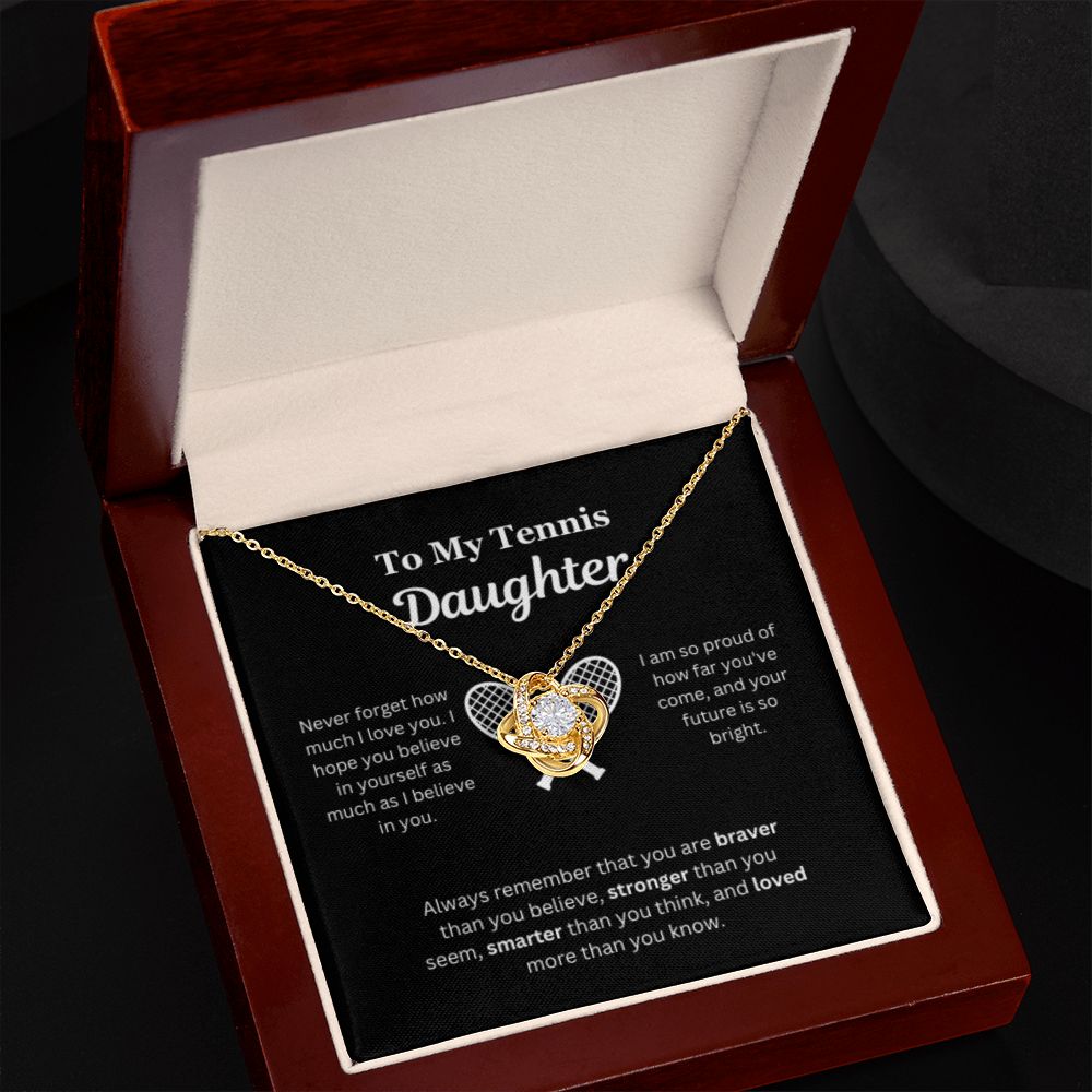 To My Tennis Daughter Necklace, Father-Daughter Jewelry, Mother-Daughter Gift, Birthday Heart Pendant, Gold Love Knot, Message Card