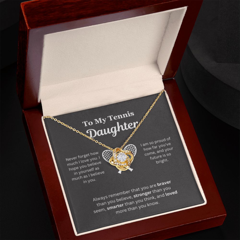 To My Tennis Daughter Necklace, Father-Daughter Jewelry, Mother-Daughter Gift, Birthday Heart Pendant, Gold Love Knot, Message Card