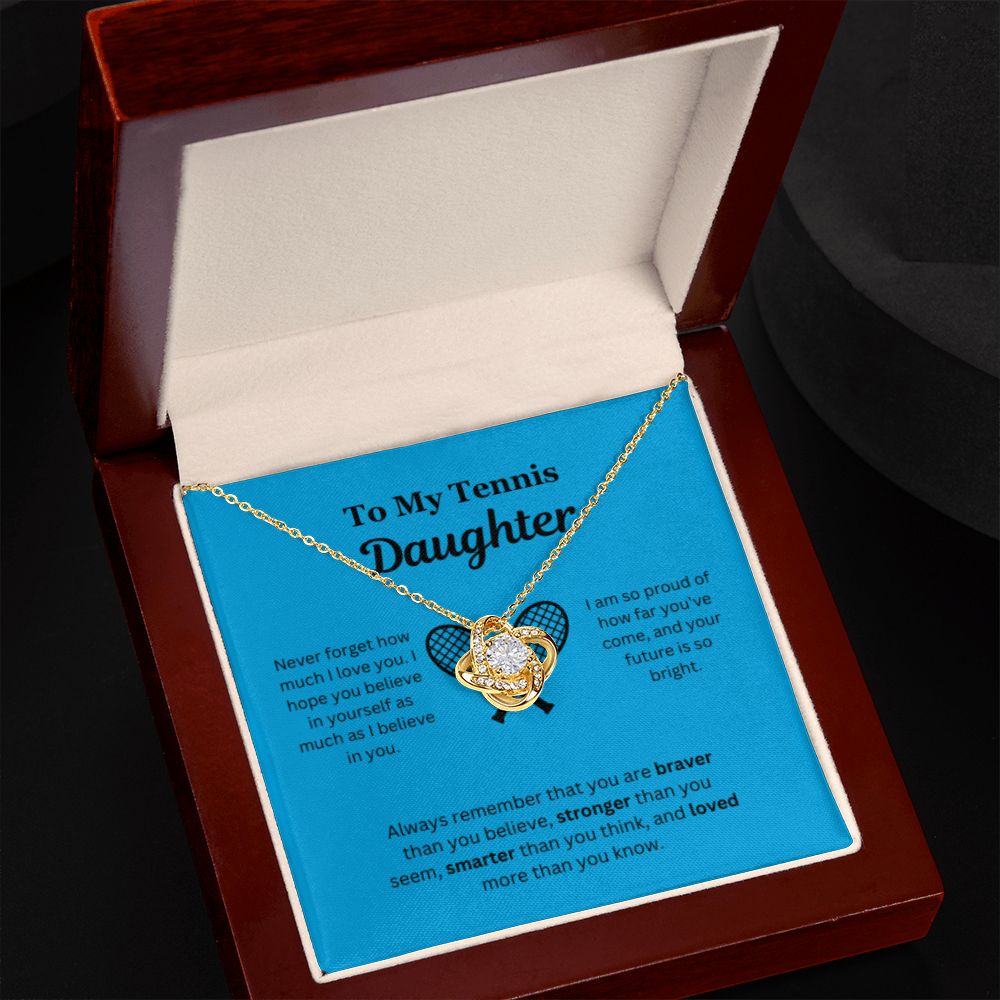 To My Tennis Daughter Necklace, Father-Daughter Jewelry, Mother-Daughter Gift, Birthday Heart Pendant, Gold Love Knot, Message Card