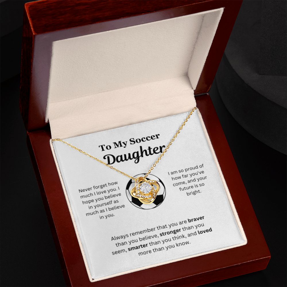 To My Soccer Daughter Necklace, Father-Daughter Jewelry, Mother-Daughter Gift, Birthday Heart Pendant, Gold Love Knot, Message Card