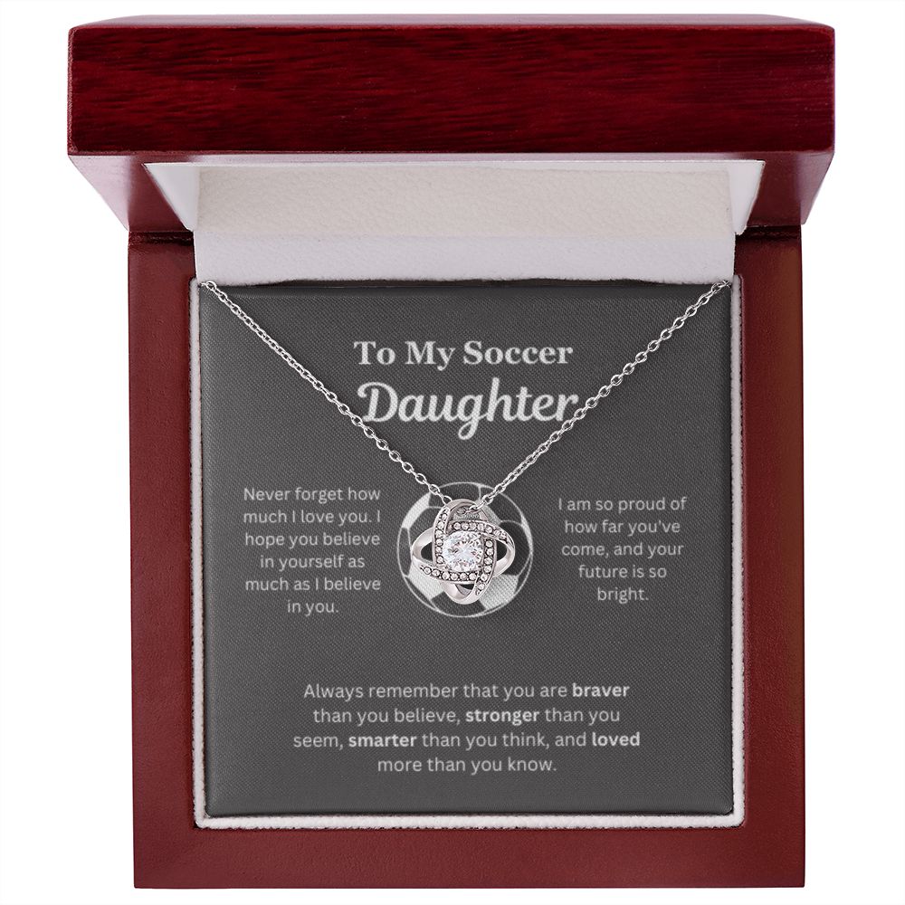 To My Soccer Daughter Necklace, Father-Daughter Jewelry, Mother-Daughter Gift, Birthday Heart Pendant, Gold Love Knot, Message Card