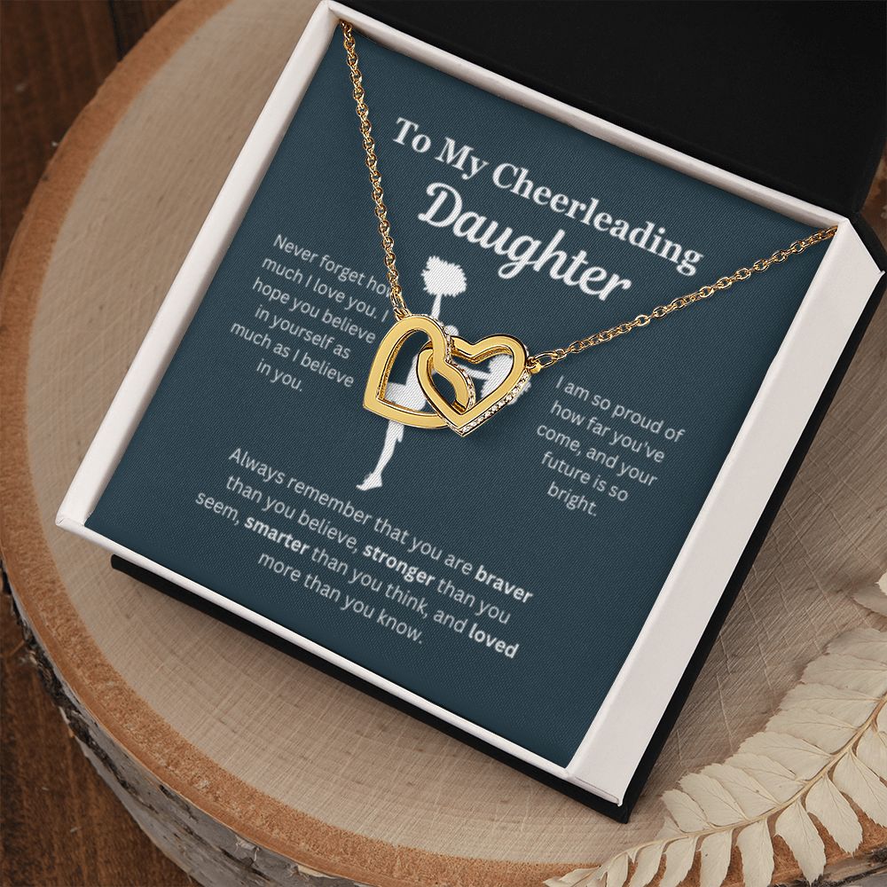 EllePendants To My Cheerleading Daughter Necklace, Father Daughter Necklace, Mother Daughter Necklace, Daughter Birthday, Heart Jewelry, Gold Jewelry, Interlocking Hearts, Message Card Necklace