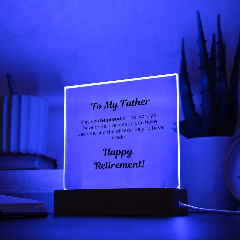 Retirement Gifts for Dad, Father Retirement Plaque, Retirement Party Decoration, Square Acrylic Retirement Plaque LED Light, Happy Retirement